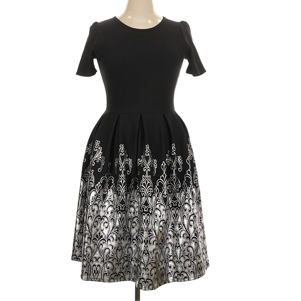 LuLaRoe Womens Amelia Dress Size XL Black Silver Foil Elegant Damask Fit Flare